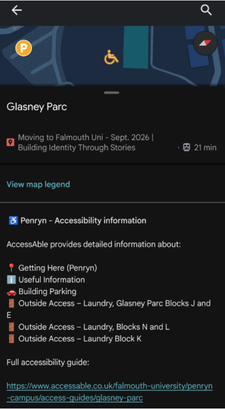 Google Maps information panel for Glasney Parc showing a Penryn accessibility-information layer and an AccessAble link.