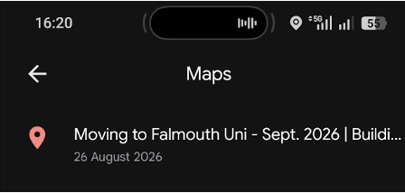 Google Maps Maps list showing Moving to Falmouth Uni – September 2026.