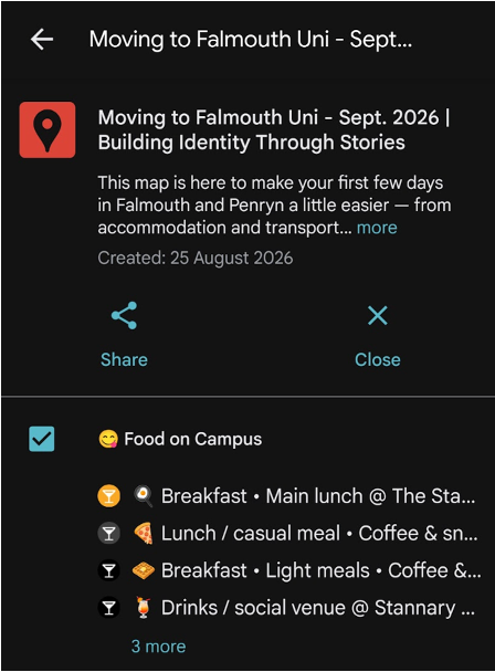Google Maps legend showing the Food on Campus category and places within it.
