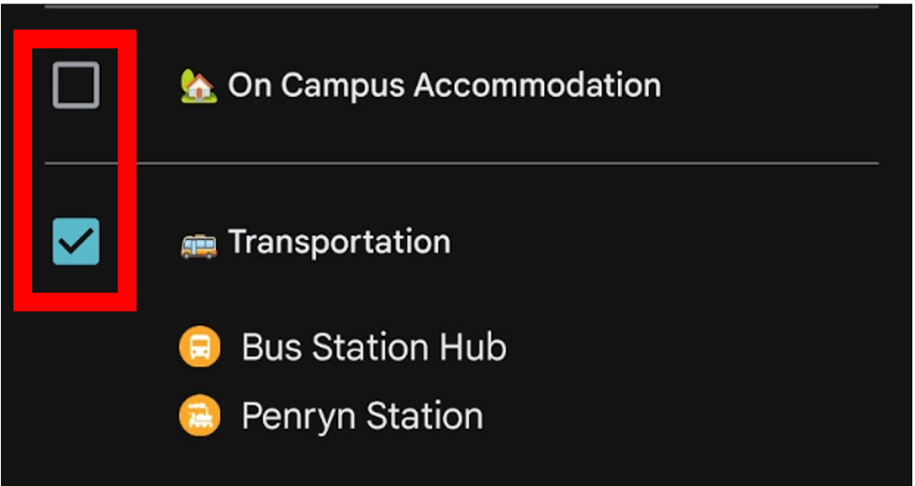 Google Maps category list with checked and unchecked category boxes highlighted.