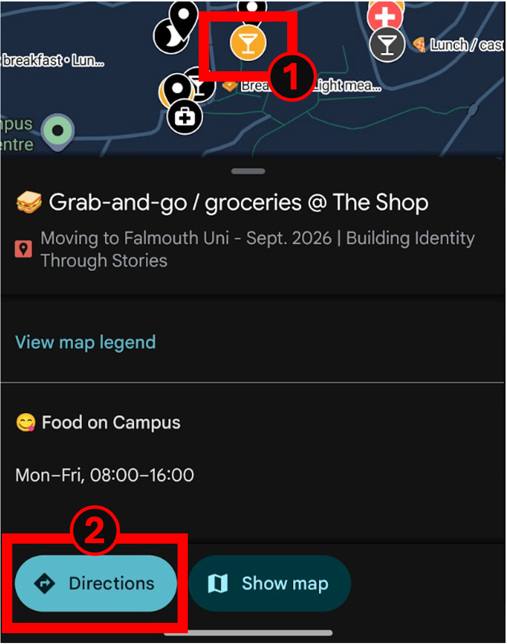 Google Maps marker information panel with the Directions button highlighted.