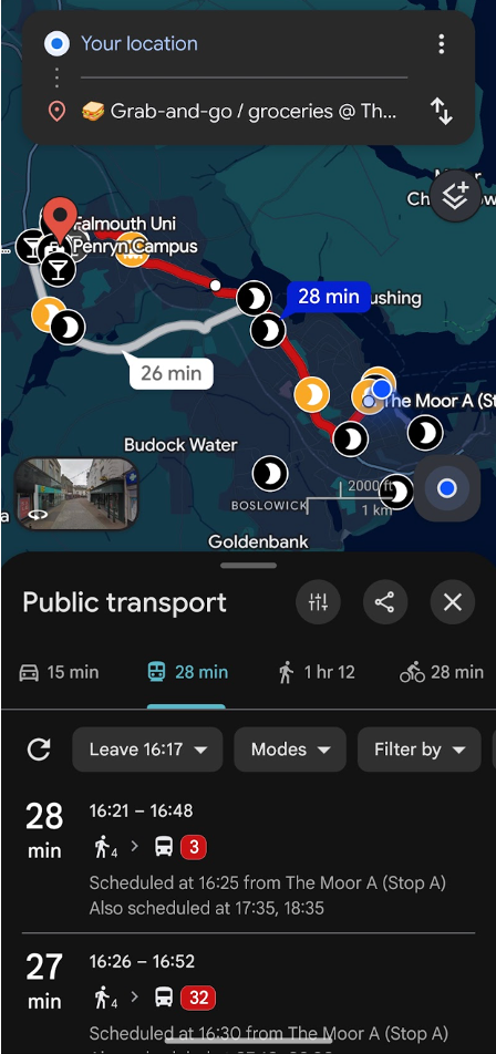 Google Maps public transport route from Falmouth to Penryn Campus.