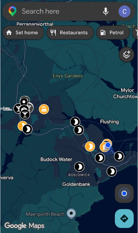 Google Maps on a phone showing the Falmouth and Penryn community map with location markers.
