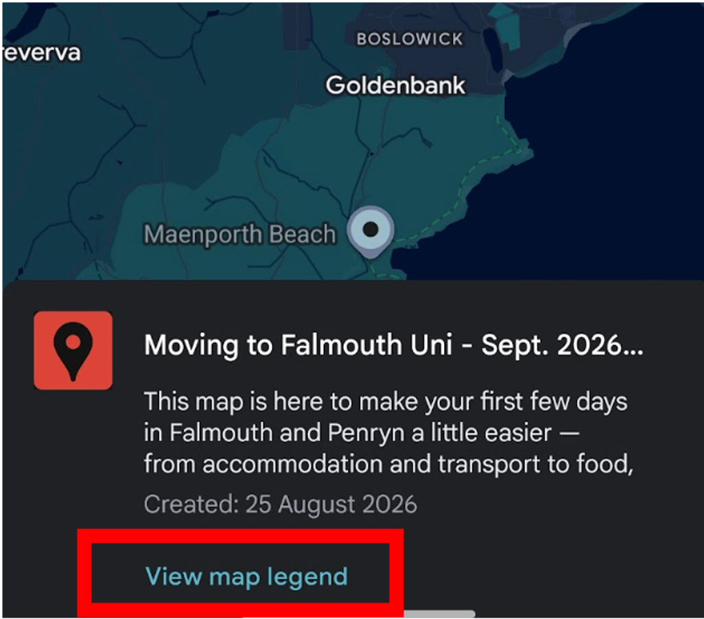 Google Maps panel with the View map legend button highlighted.